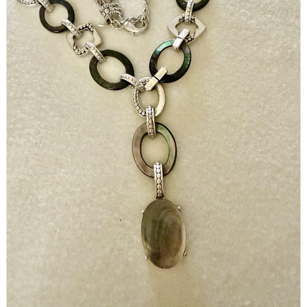 Chicos Abalone & Silvertone Big Link MOP Necklace 18” Braded Cord & Plastic